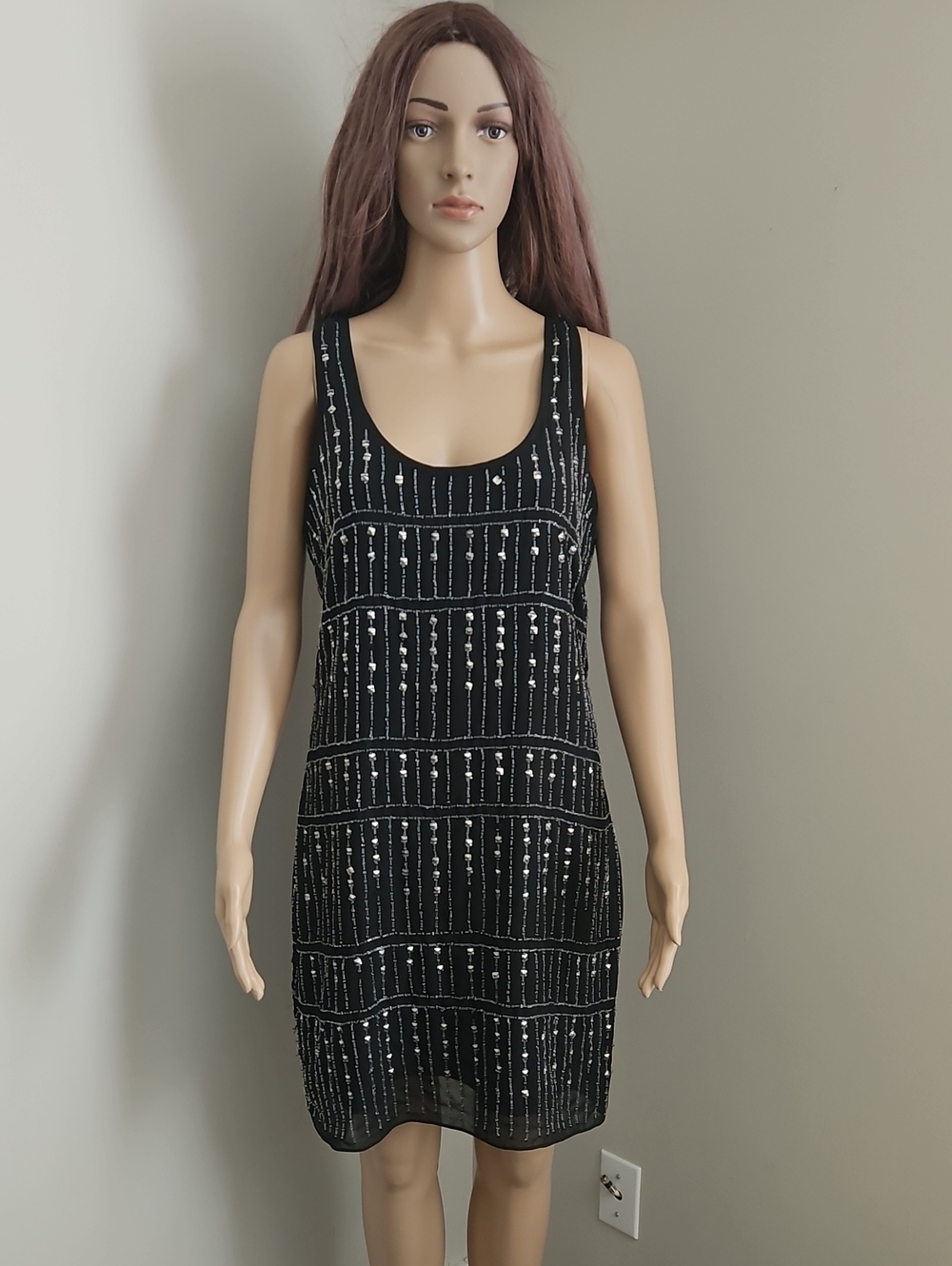 W118 Walter Baker Black Beaded Sequins Sleeveless Cocktail Dress Midi